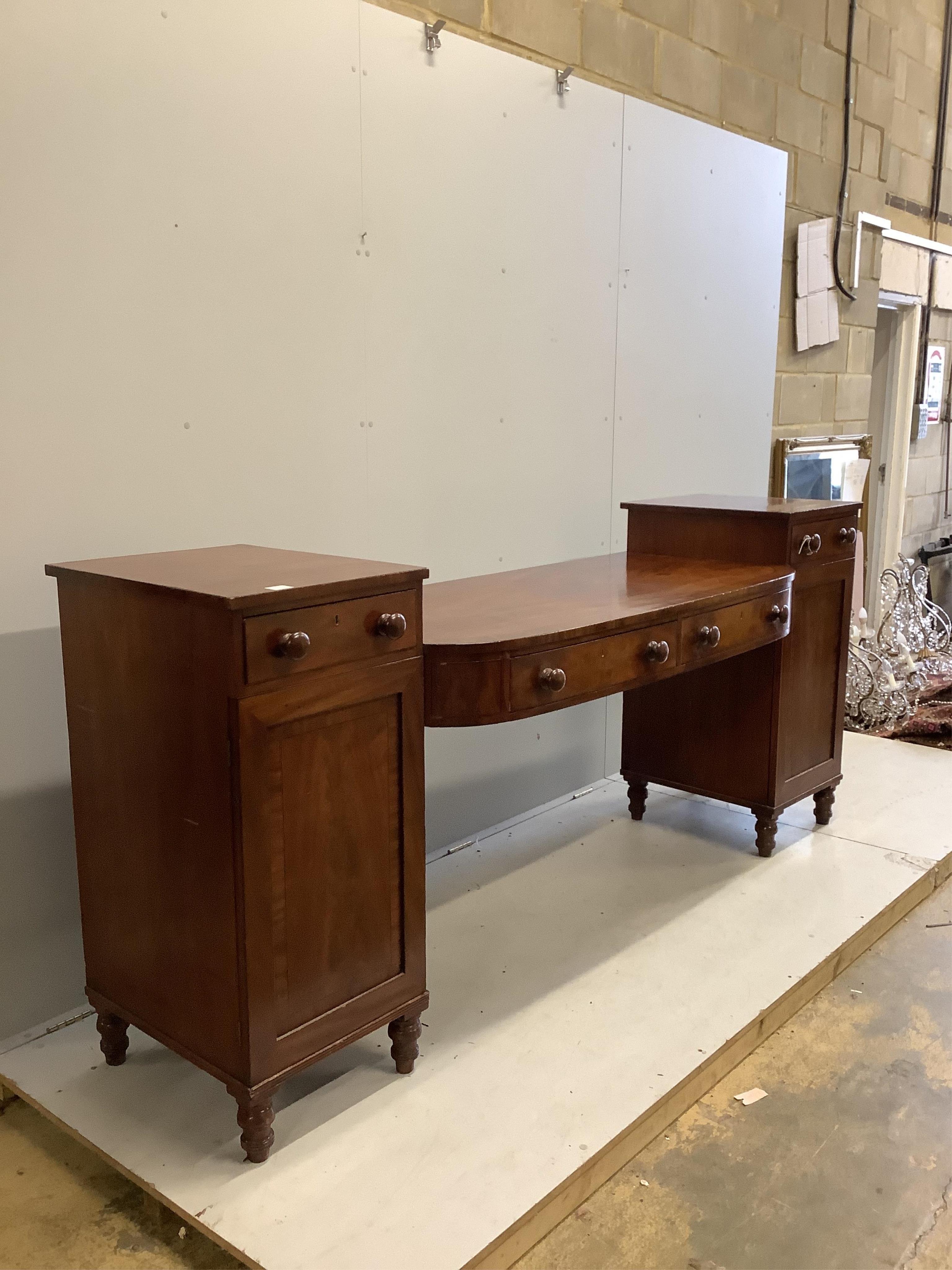 A Regency mahogany pedestal sideboard, width 244cm, depth 72cm, height 106cm. Condition - poor, will not assemble